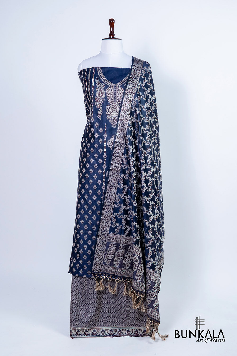 Midnight Blue Resham Weaved Banarasi Cotton Silk Unstitched Suit Set