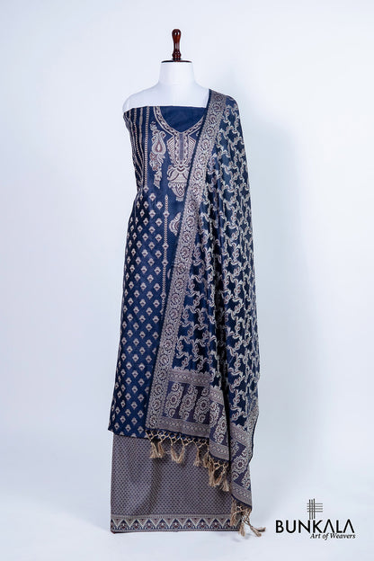 Midnight Blue Resham Weaved Banarasi Cotton Silk Unstitched Suit Set