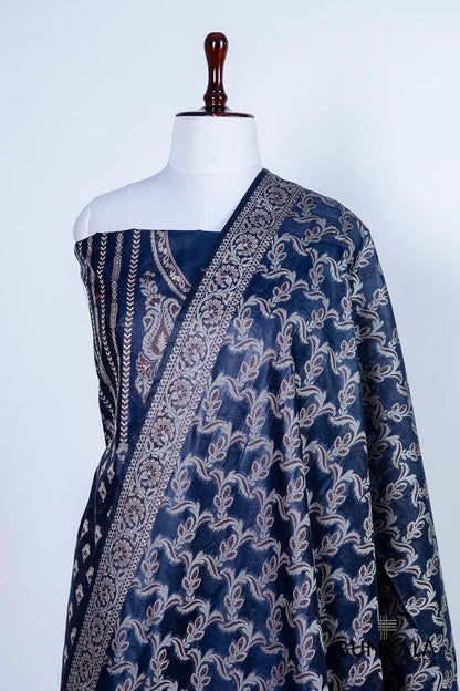 Midnight Blue Resham Weaved Banarasi Cotton Silk Unstitched Suit Set