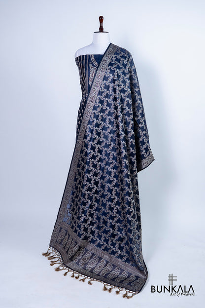 Midnight Blue Resham Weaved Banarasi Cotton Silk Unstitched Suit Set