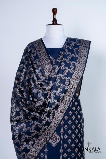 Midnight Blue Resham Weaved Banarasi Cotton Silk Unstitched Suit Set