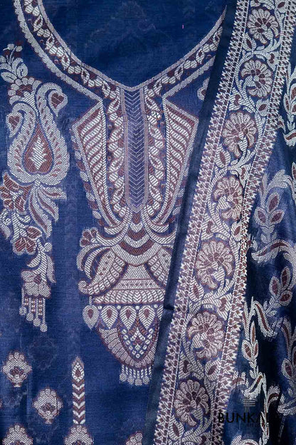 Midnight Blue Resham Weaved Banarasi Cotton Silk Unstitched Suit Set
