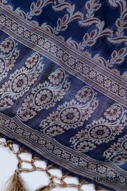 Midnight Blue Resham Weaved Banarasi Cotton Silk Unstitched Suit Set