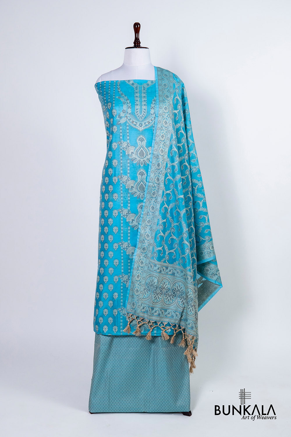 Sky Blue Resham Weaved Banarasi Cotton Silk Unstitched Suit Set