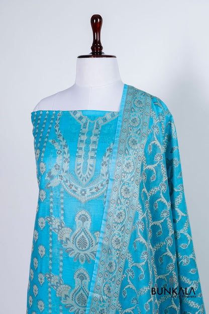 Sky Blue Resham Weaved Banarasi Cotton Silk Unstitched Suit Set