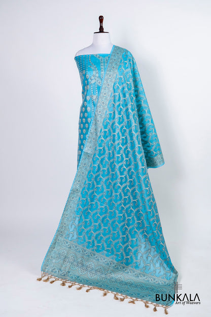 Sky Blue Resham Weaved Banarasi Cotton Silk Unstitched Suit Set
