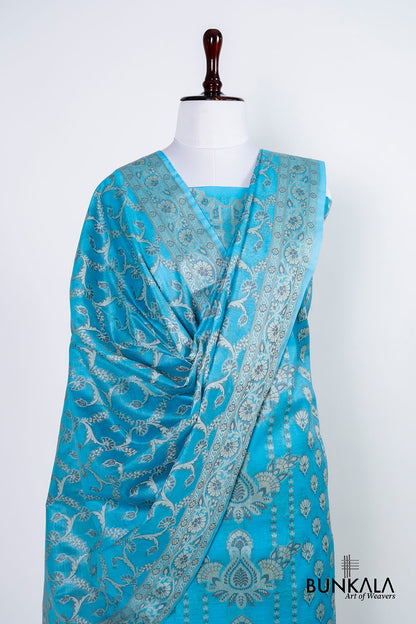 Sky Blue Resham Weaved Banarasi Cotton Silk Unstitched Suit Set