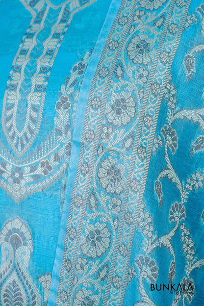 Sky Blue Resham Weaved Banarasi Cotton Silk Unstitched Suit Set