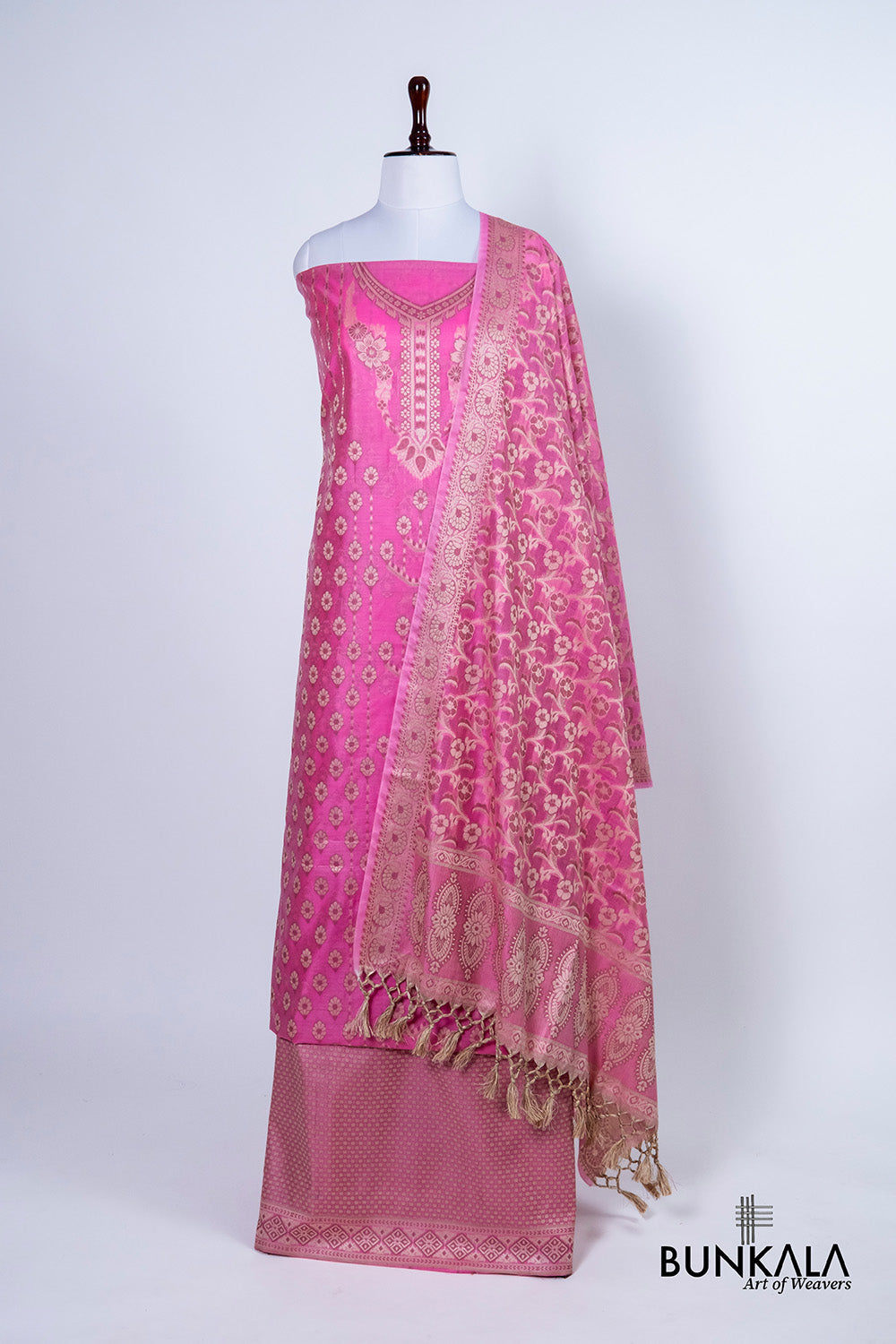 Gulabi Pink Resham Weaved Banarasi Cotton Silk Unstitched Suit Set