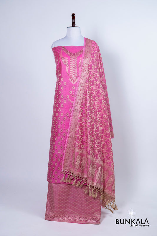 Gulabi Pink Resham Weaved Banarasi Cotton Silk Unstitched Suit Set