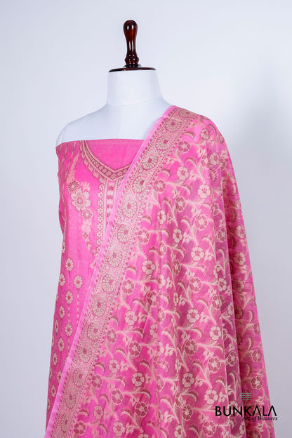 Gulabi Pink Resham Weaved Banarasi Cotton Silk Unstitched Suit Set