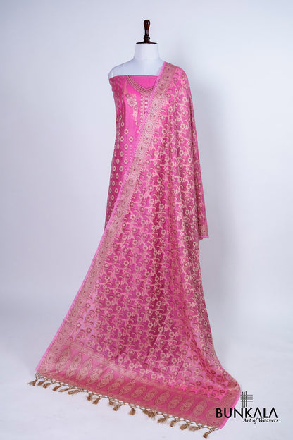Gulabi Pink Resham Weaved Banarasi Cotton Silk Unstitched Suit Set