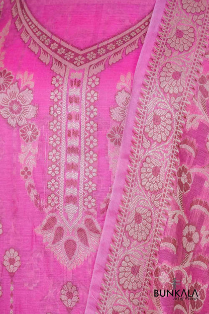 Gulabi Pink Resham Weaved Banarasi Cotton Silk Unstitched Suit Set