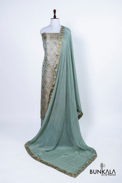 Dusty Blue Jamewar Weaved Banarasi Mashru Silk Unstitched Suit Set