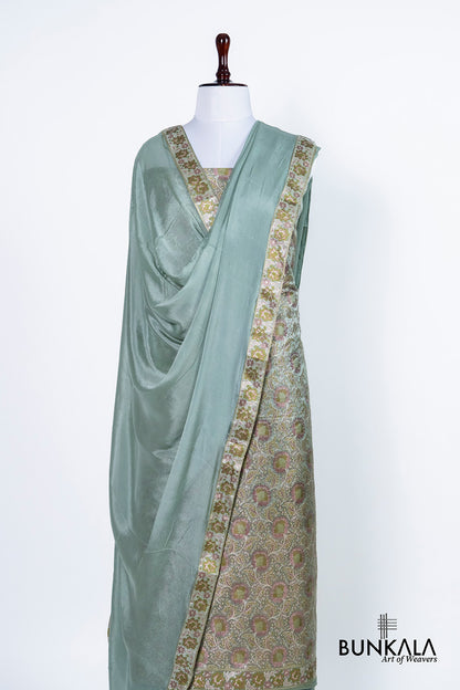 Dusty Blue Jamewar Weaved Banarasi Mashru Silk Unstitched Suit Set