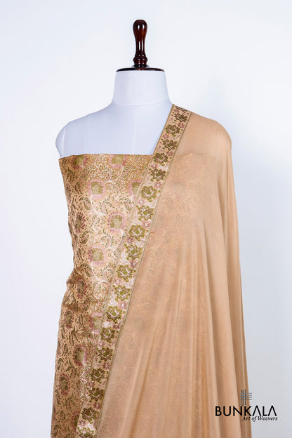 Pastel Peach Jamewar Weaved Banarasi Mashru Silk Unstitched Suit Set