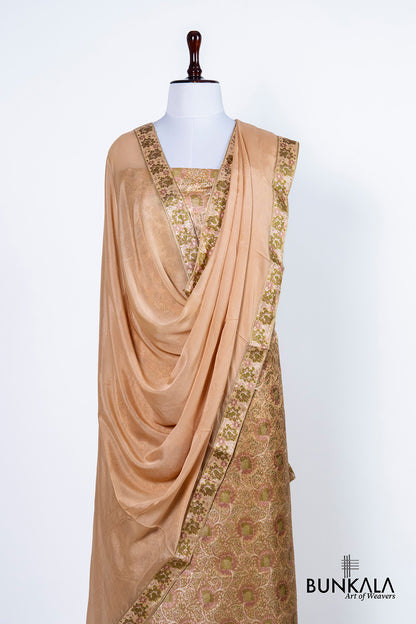 Pastel Peach Jamewar Weaved Banarasi Mashru Silk Unstitched Suit Set