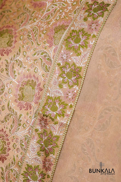 Pastel Peach Jamewar Weaved Banarasi Mashru Silk Unstitched Suit Set