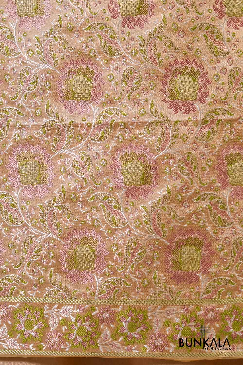 Pastel Peach Jamewar Weaved Banarasi Mashru Silk Unstitched Suit Set
