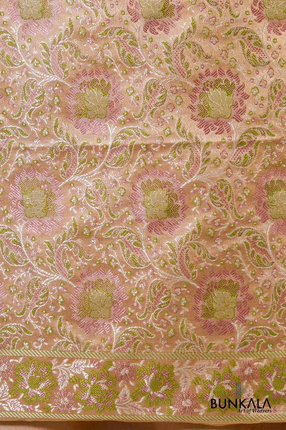 Pastel Peach Jamewar Weaved Banarasi Mashru Silk Unstitched Suit Set