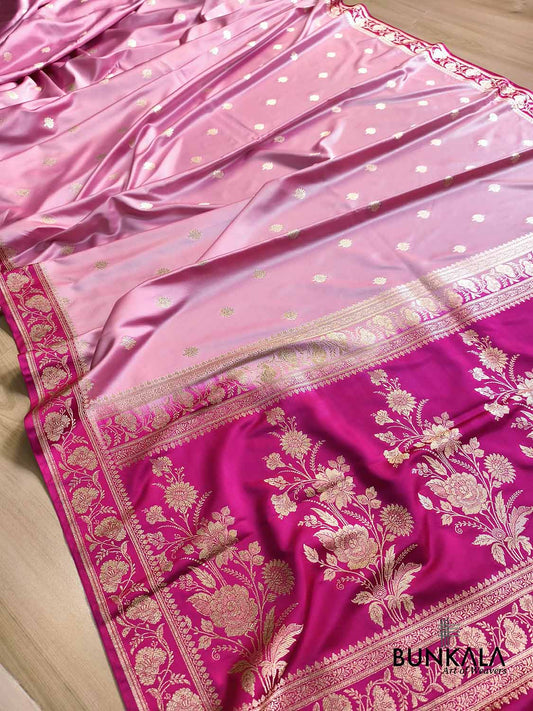 Baby Pink Buti with Contrast Border Pallu Weaved Banarasi Mashru Silk Saree