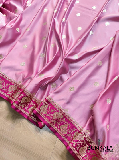 Baby Pink Buti with Contrast Border Pallu Weaved Banarasi Mashru Silk Saree