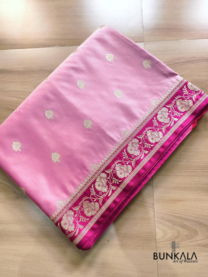 Baby Pink Buti with Contrast Border Pallu Weaved Banarasi Mashru Silk Saree