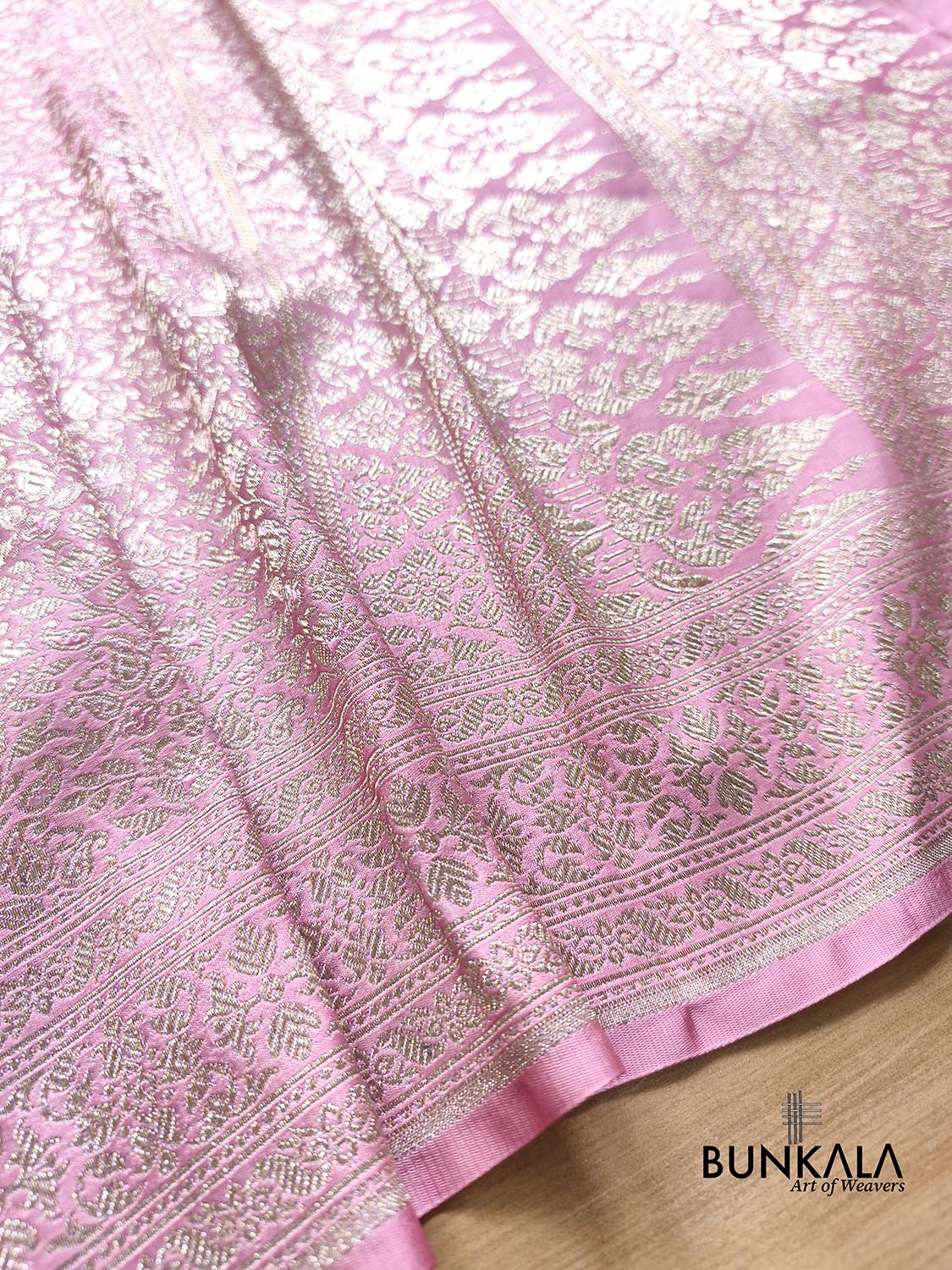 Baby Pink Floral Brocade Weaved Banarasi Mashru Silk Saree