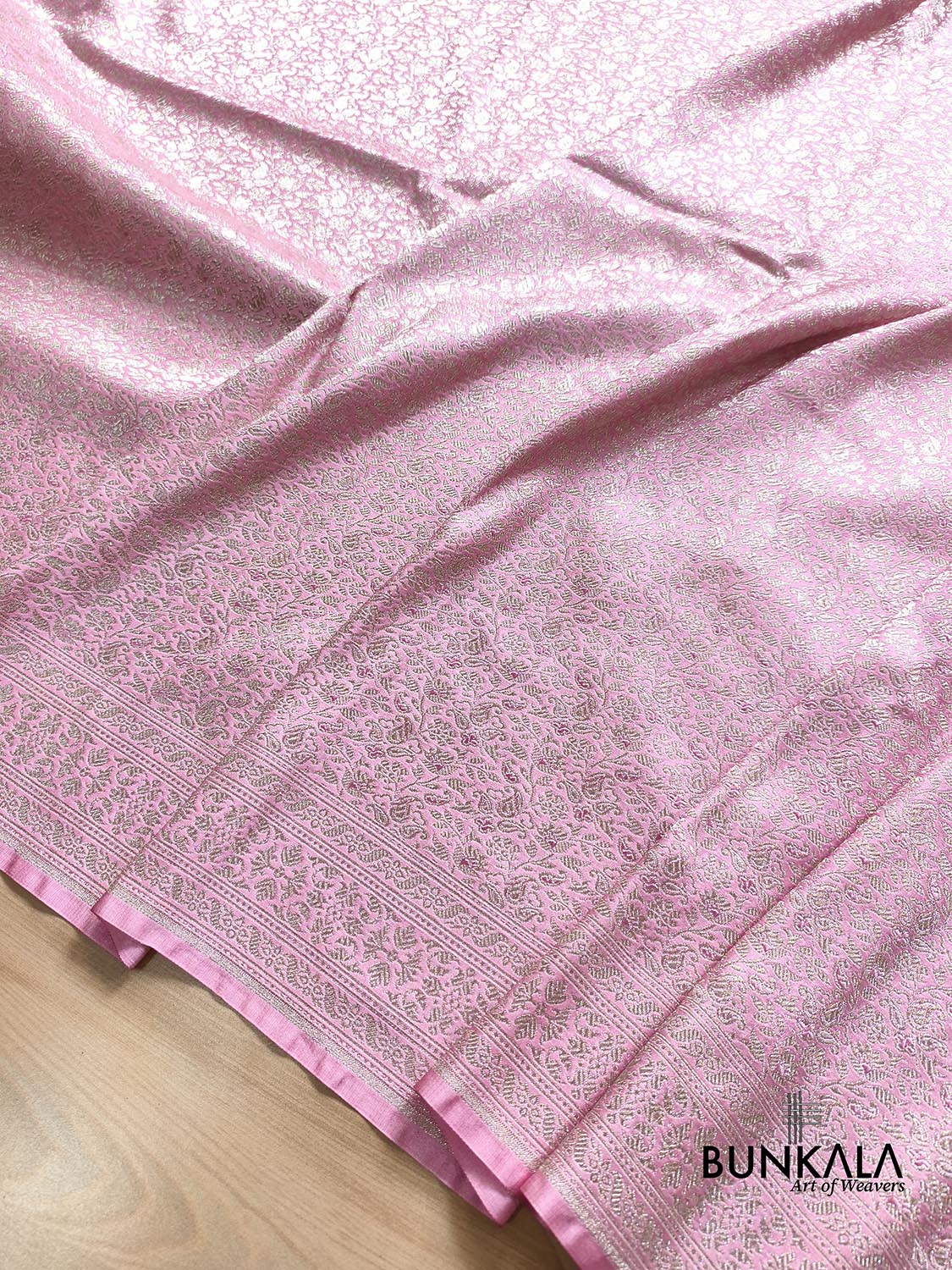 Baby Pink Floral Brocade Weaved Banarasi Mashru Silk Saree
