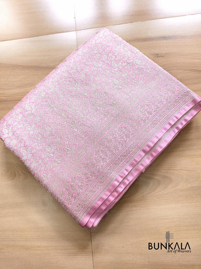 Baby Pink Floral Brocade Weaved Banarasi Mashru Silk Saree