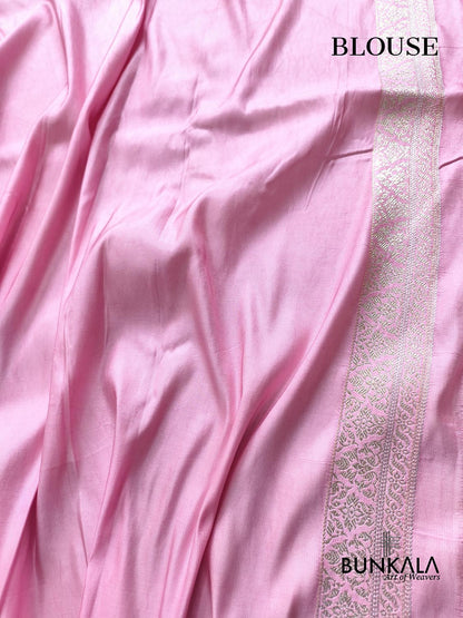 Baby Pink Floral Brocade Weaved Banarasi Mashru Silk Saree