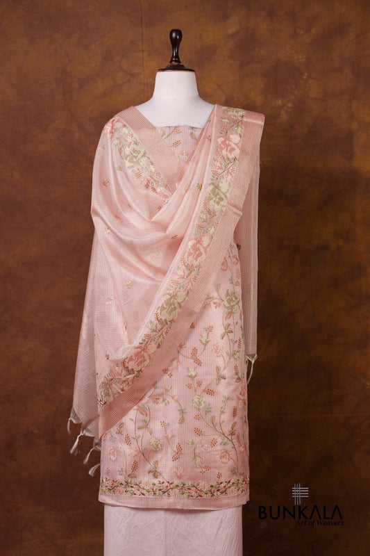 Baby  Pink Multicolour Floral Banarasi Embroidered Kota Silk Unstitched Suit Set 