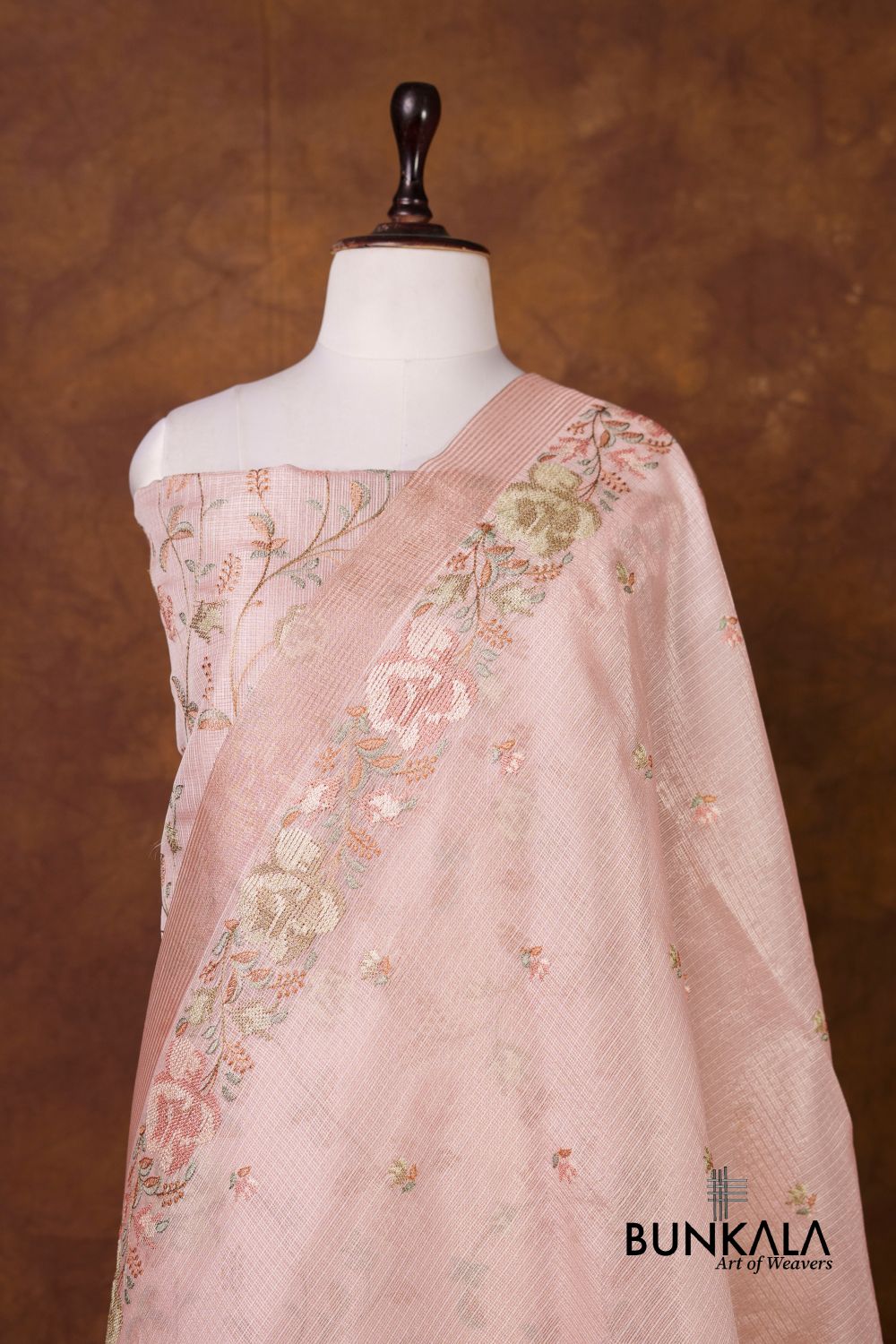 Baby  Pink Multicolour Floral Banarasi Embroidered Kota Silk Unstitched Suit Set 