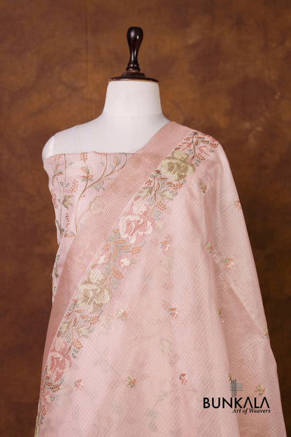 Baby  Pink Multicolour Floral Banarasi Embroidered Kota Silk Unstitched Suit Set 