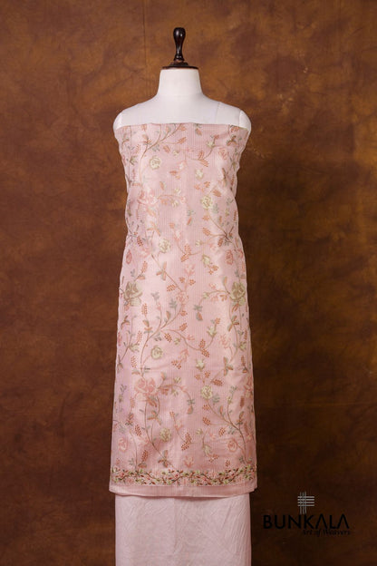 Baby  Pink Multicolour Floral Banarasi Embroidered Kota Silk Unstitched Suit Set 