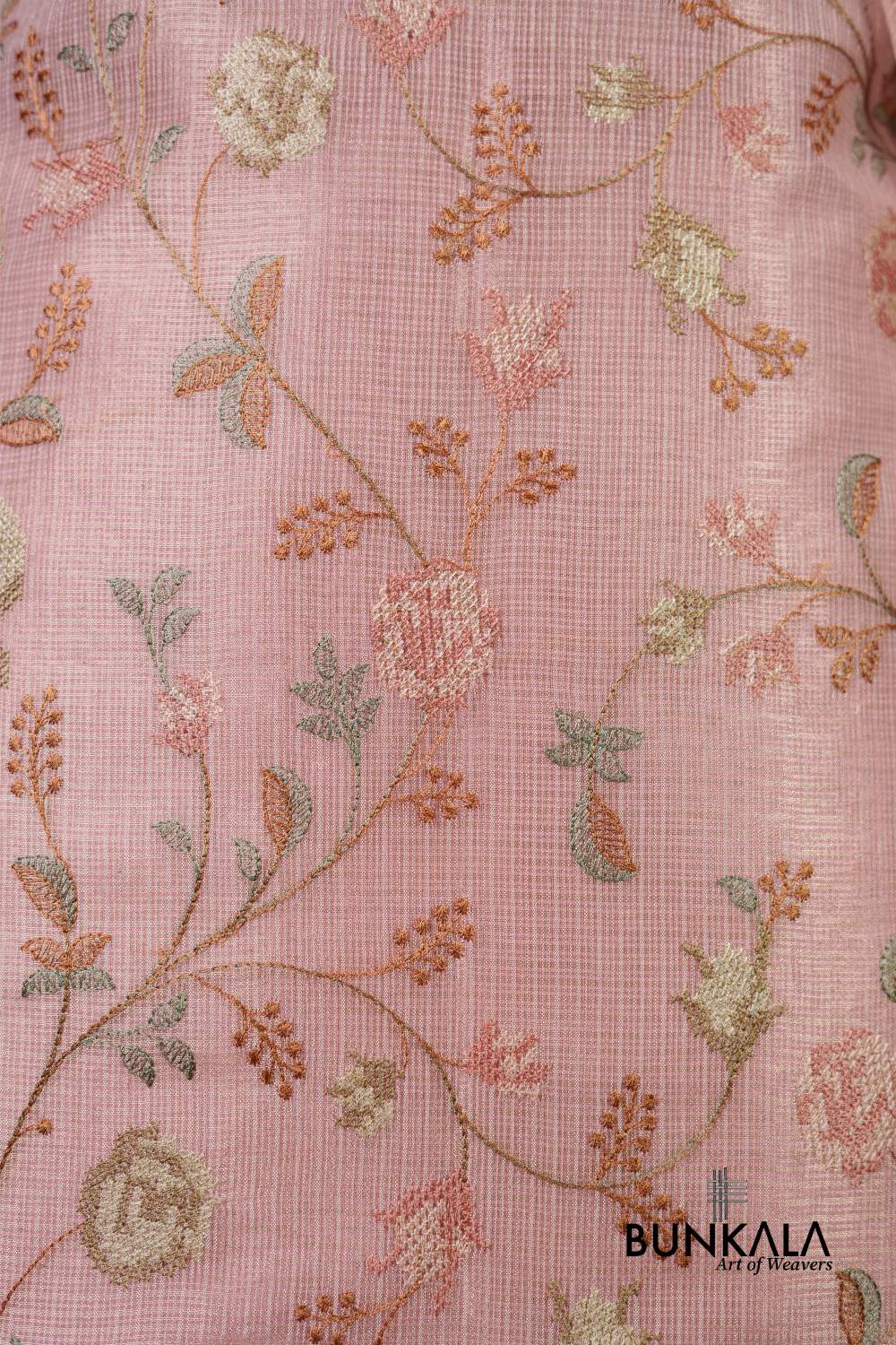 Baby  Pink Multicolour Floral Banarasi Embroidered Kota Silk Unstitched Suit Set 