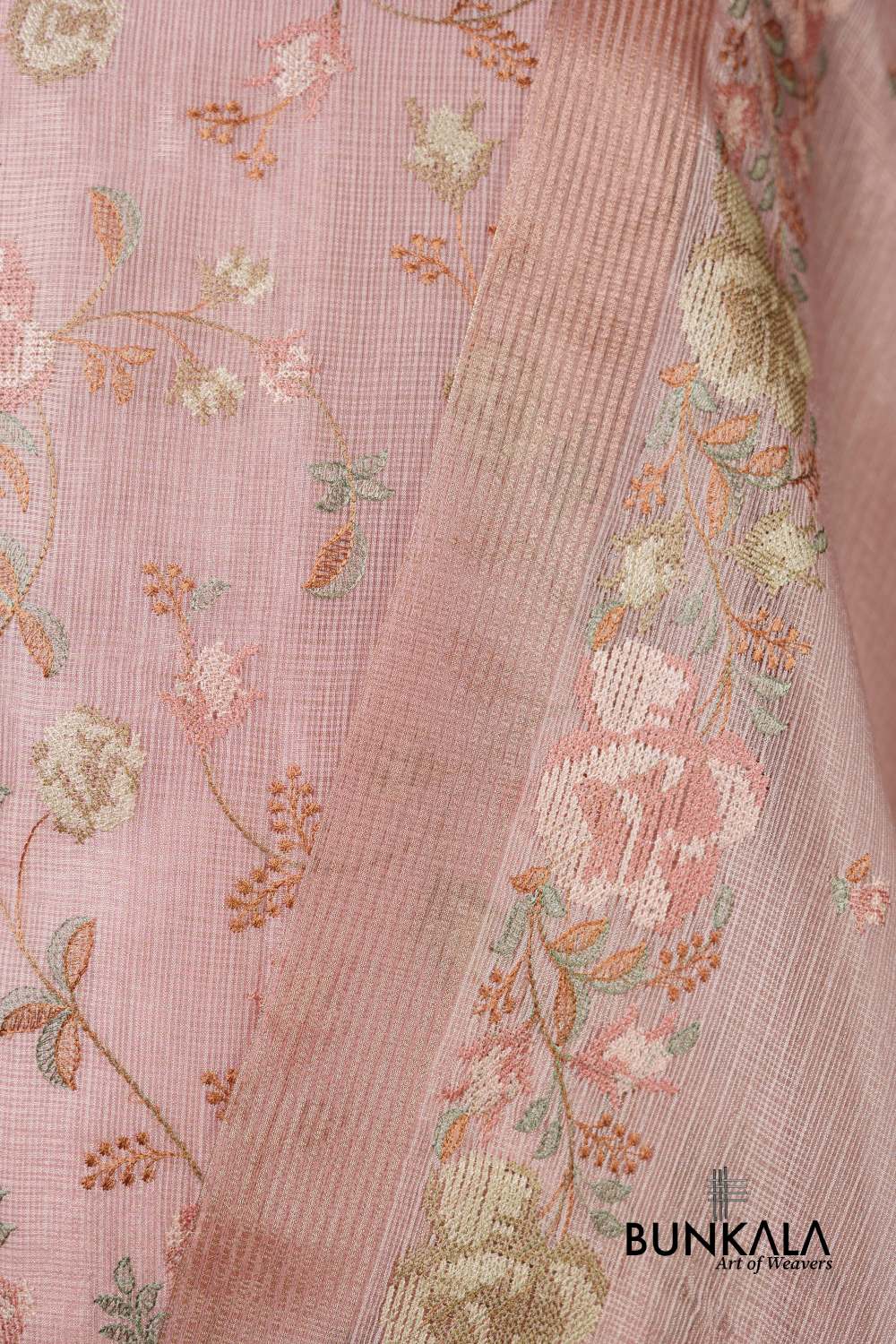 Baby  Pink Multicolour Floral Banarasi Embroidered Kota Silk Unstitched Suit Set 