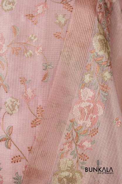 Baby  Pink Multicolour Floral Banarasi Embroidered Kota Silk Unstitched Suit Set 