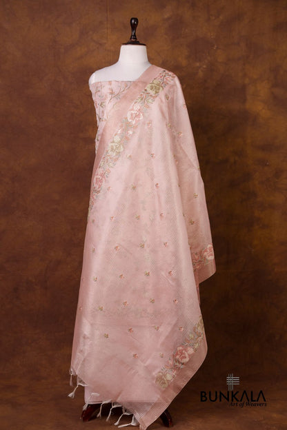 Baby  Pink Multicolour Floral Banarasi Embroidered Kota Silk Unstitched Suit Set 
