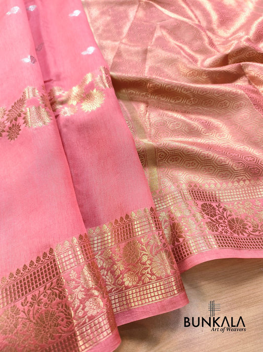 Baby Pink Sona Rupa Floral Pure Banarasi Mango Silk Saree 