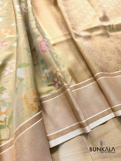 Beige Jamdani Banarasi Floral Jaal Meenakari Weaved Tissue Saree