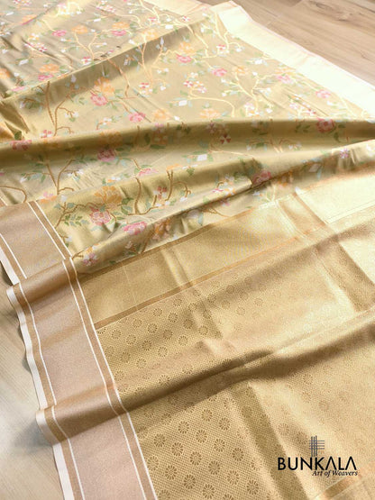 Beige Jamdani Banarasi Floral Jaal Meenakari Weaved Tissue Saree