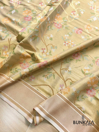 Beige Jamdani Banarasi Floral Jaal Meenakari Weaved Tissue Saree