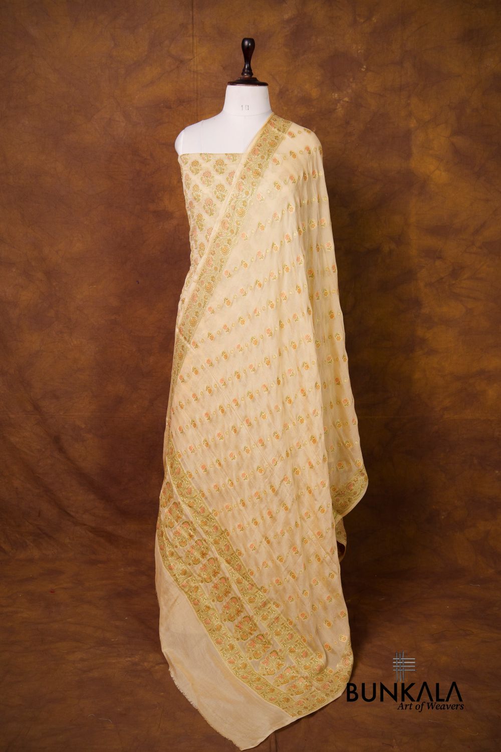 Beige Meena Buta Banarasi Pure Crepe Silk Unstitched Suit Set