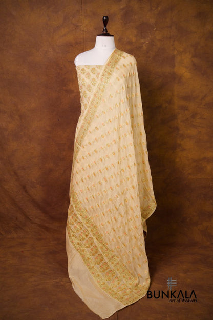 Beige Meena Buta Banarasi Pure Crepe Silk Unstitched Suit Set