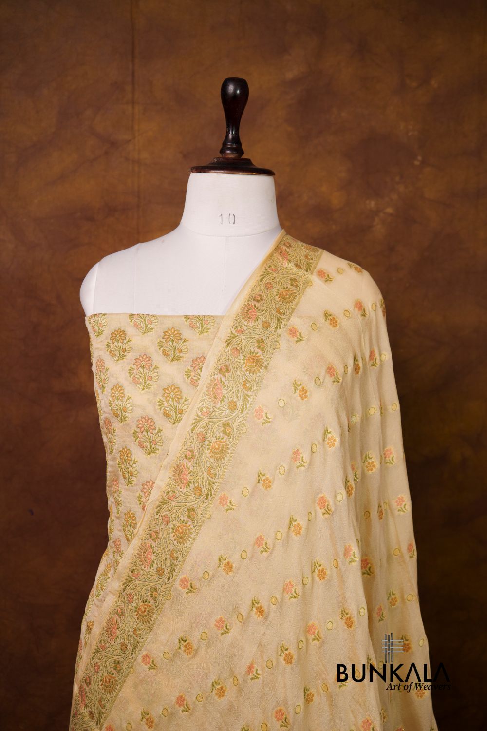 Beige Meena Buta Banarasi Pure Crepe Silk Unstitched Suit Set
