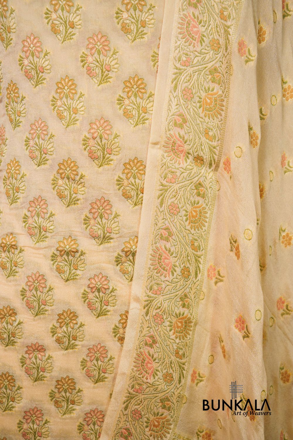 Beige Meena Buta Banarasi Pure Crepe Silk Unstitched Suit Set