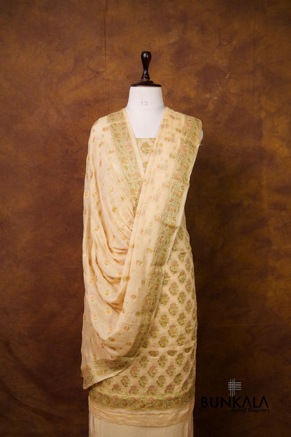 Beige Meena Buta Banarasi Pure Crepe Silk Unstitched Suit Set