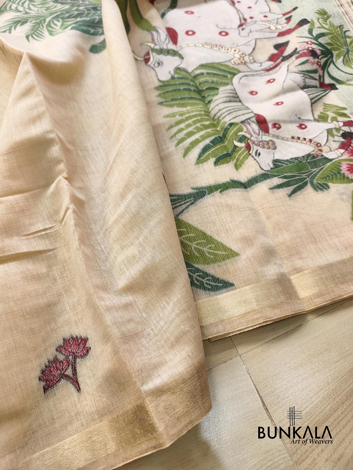 Beige Pichwai Pallu Weaved Banarasi Cotton Saree