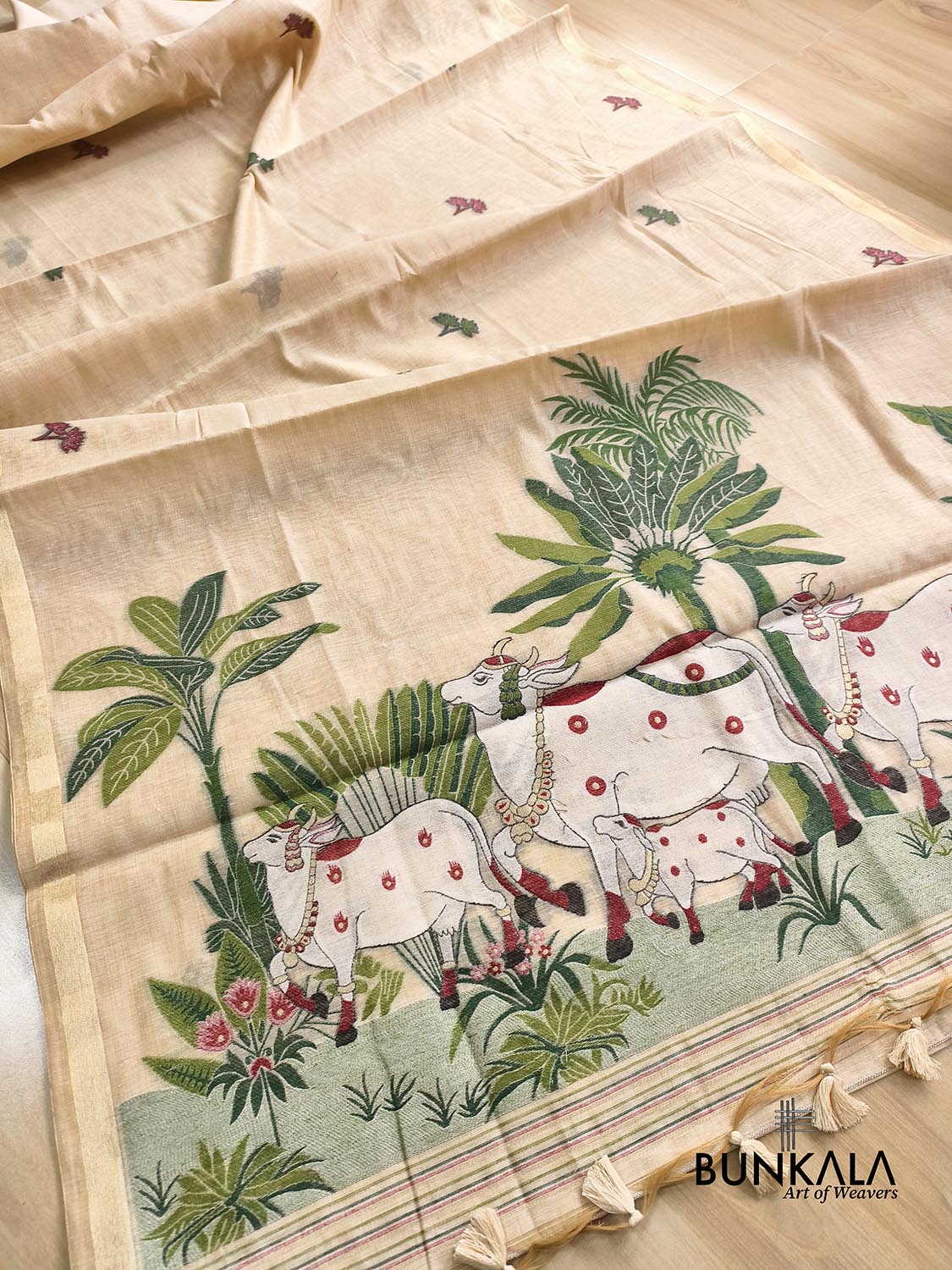 Beige Pichwai Pallu Weaved Banarasi Cotton Saree